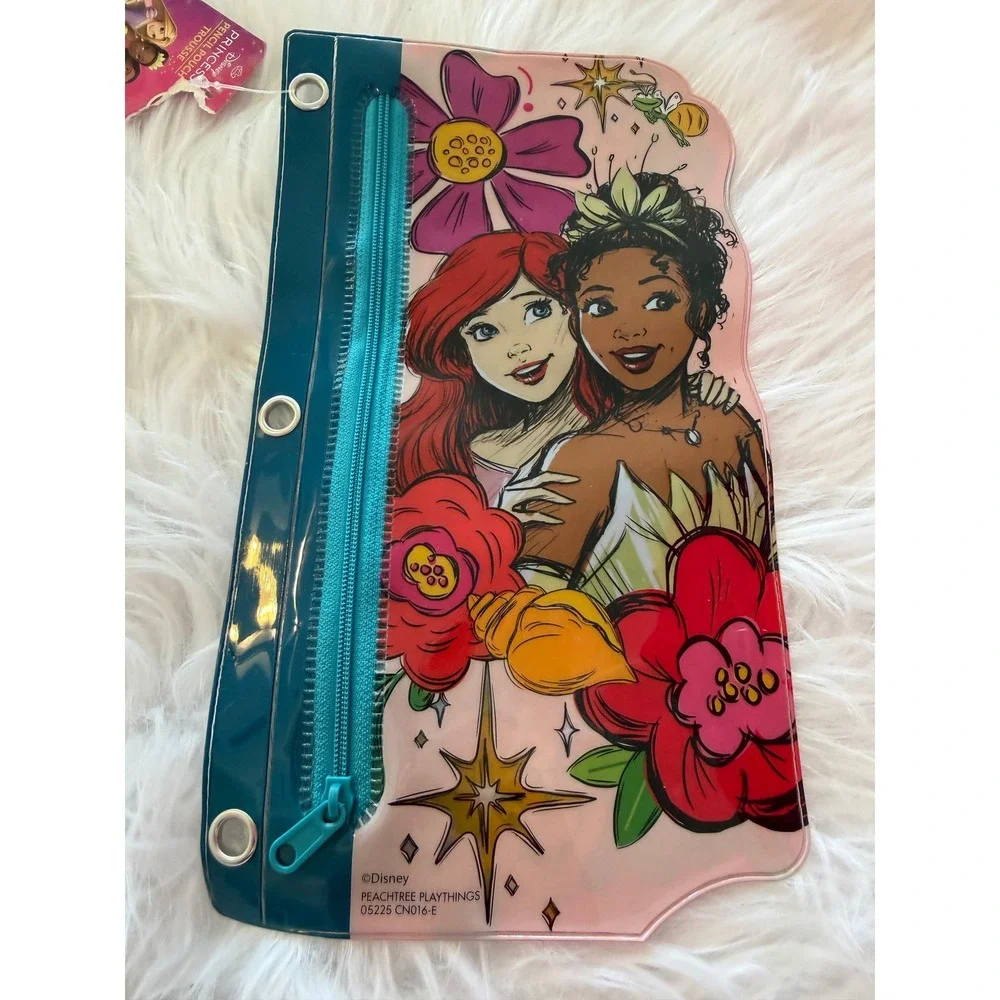 Disney Princess Pencil Pouch 3 Ring Binder Ariel Tiana Flounder Pink Teal NEW